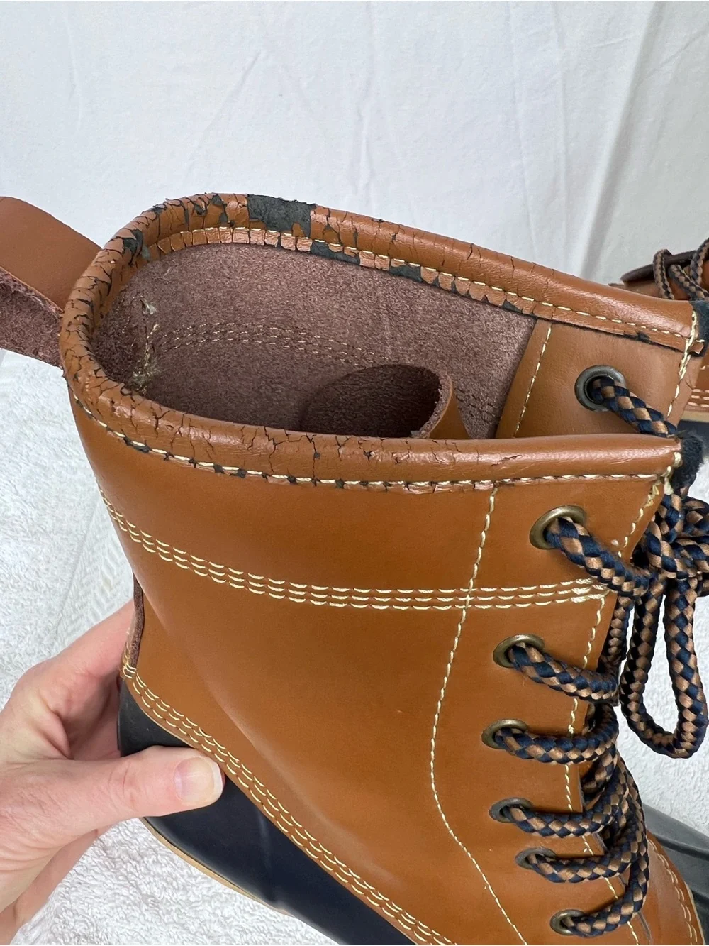 Lands End Womens Duck Boot Sz 9 classic navy blue tan Rain Outdoor Preppy